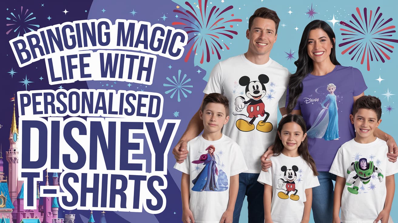 Family wearing personalized Disney t-shirts featuring Mickey Mouse and Frozen characters, set against a pastel blue background with Cinderella Castle.