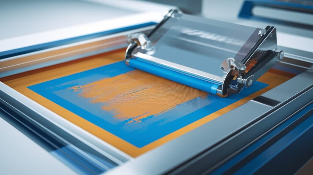 Close-up of screen fabric used in screen printing, showing ink passing through a silk screen for a crisp, high-quality fabric print.