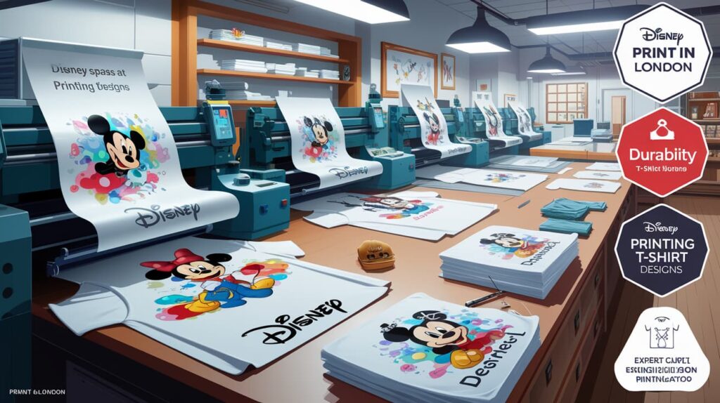 Personalized Disney t-shirt printing in a brightly lit print shop featuring vibrant Disney-themed designs and custom t-shirts.