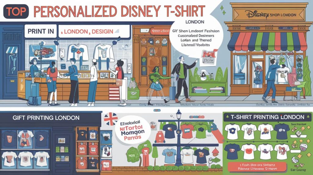 Personalized Disney t-shirt service in London illustrated in a full-color infographic showing custom design options and storefront displays.